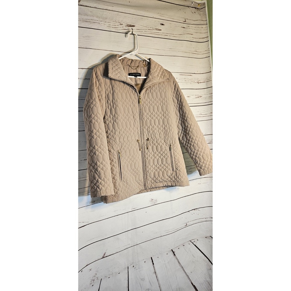 Ellen Tracy Quilted Jacket Beige Zipper Pockets Drawstring Waist Women Size M
